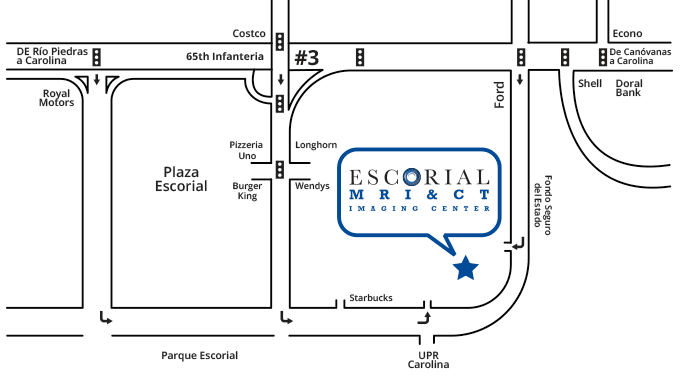 Mapa demostrando la localización de Escorial MRI & CT Imaging Center al lado de Plaza Escorial Shopping Center y frente a la Universidad de Puerto Rico Recinto Carolina.